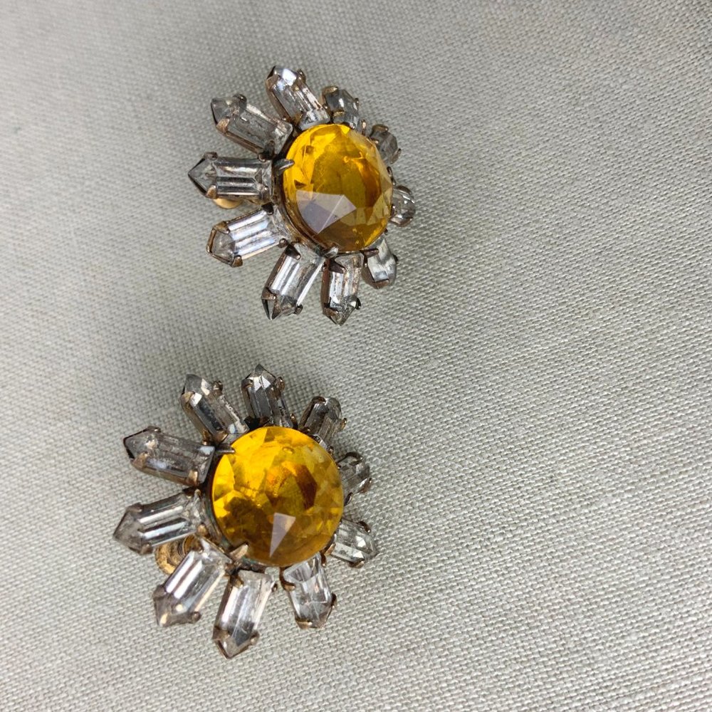 Vintage Sterling Silver Crystal Rhinestones Daisy Earrings Screw Back - Picture 10 of 16